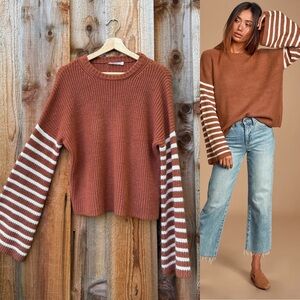 Rust Brown and White Striped Bell Sleeve Sweater 🌿